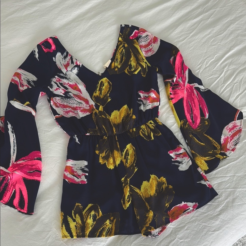 Navy Floral Romper with Bell Sleeves